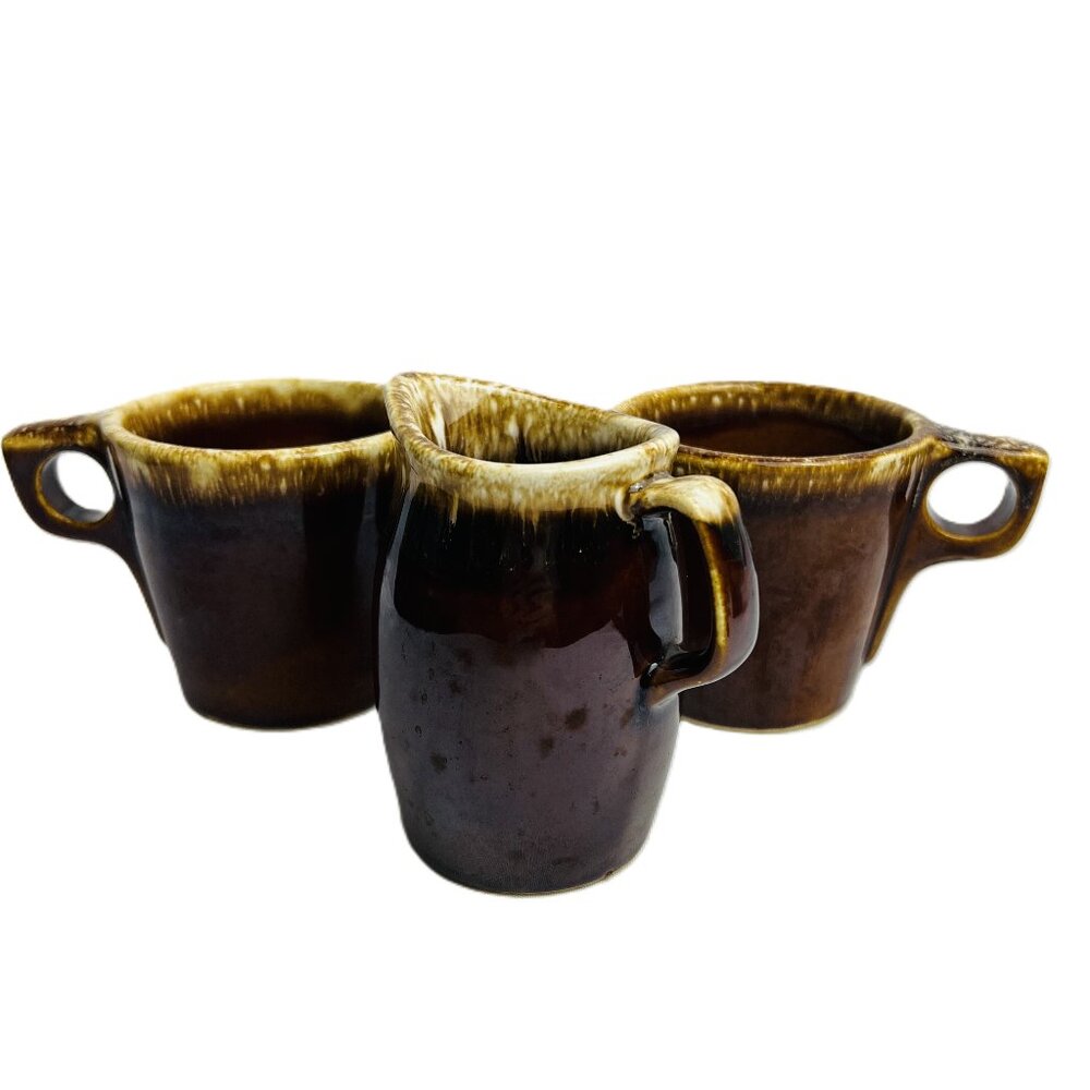 Hull Brown Drip Glaze Creamer & TWO O-Ring Mugs Vintage Farmhouse Pottery USA